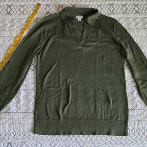 J Crew Green V-Neck lightweight collared knit sweater top Long Sleeve Size S EUC
